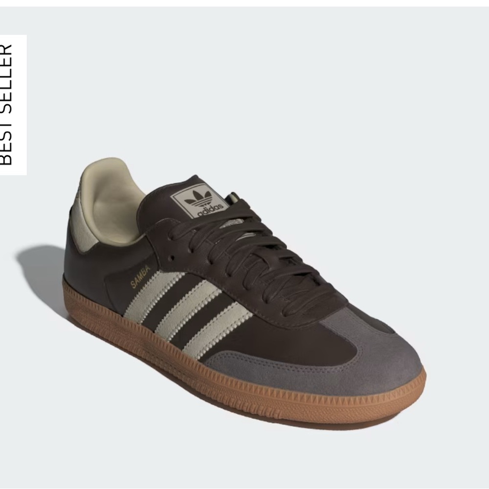 Adidas Samba brown, putty grey and gold metallic.